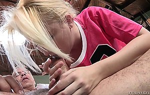Cute teen blonde in pink gives head to older guy