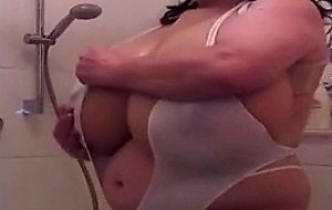 Bitch with fake tits in the shower