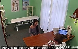 Brunette rubs pussy with massage tool at her doctor