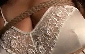 Busty japanese sex slave in ropes gets lingerie cut off
