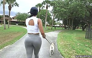 Diamond kitty is walking with her dog and flashing her giant glutes