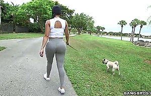 Diamond kitty is walking with her dog and flashing her giant glutes