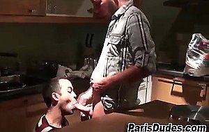 French dudes sucking cock in the kitchen