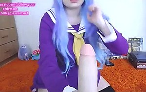 Beautiful blue haired teen with big boobs rides vibrator on cam