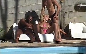 Outdoor threeway fuck with blonde shemale