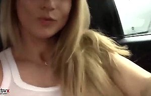 Busty blond bombshell pleasing her pussy in car  