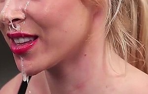 Kinky sex kitten gets sperm load on her face eating all