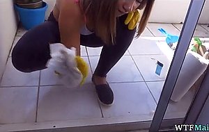 Cleaning lady in her bra is beautifull