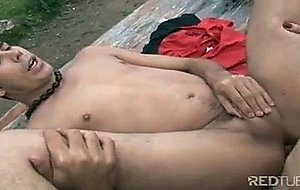 Blonde shemale fucking guy outdoor