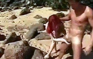 Vintage beach threesome with two mad tgirls