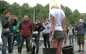 Busty blonde in wet shirt in public