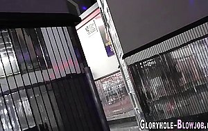 Tiny blonde at gloryhole gets banged for cum  