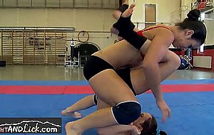 Euro lesbo pussylicked after wrestling match  