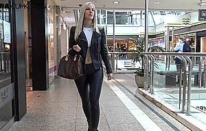 Sexy blonde in leather pants fucked in public