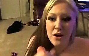 Blonde slut sucks and receives cum on her mouth