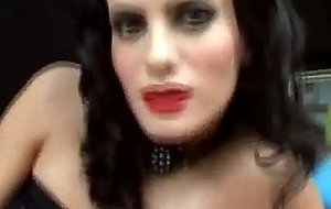 Hot black-haired chick enjoys two intense dicks
