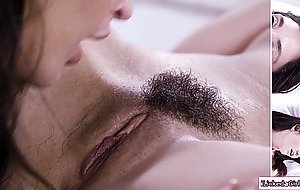 2 Lesbian teens taking turns eating each others hairy pussy
