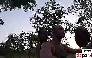 Hot asian european couple have a quick raw fuck outdoor
