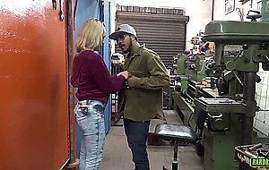 Blonde giving at factory for husband