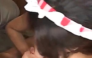 Japanese maid takes on a intense dick to titty fuck and suck