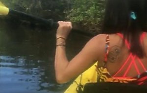 Tiny asian gets covered in cum on kayak trip, outdoor