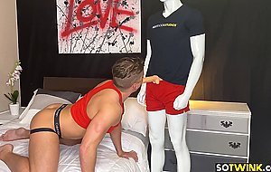 Hunk Jake Porter caresses his body and rides mannequins fake cock