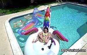 Fucking girlfriend on inflatable pool swan