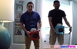 Surprised teens unboxing and fucking big cocks
