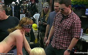 Blindfolded blonde fucked in public