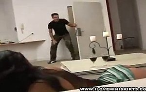 Brunette wearing hot skirt tastes cock and rides it