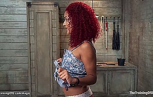 Tied ebony takes speculum in ass
