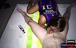Sexy amateur Asian slut sucking white dick after she massage guys body