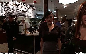 Busty babe fucked at public steak house