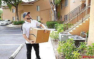 Nadia White catches the delivery guy jerking off to her thong