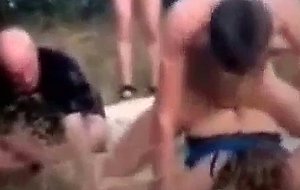 Horny wife gets fucked by few guys outdoor