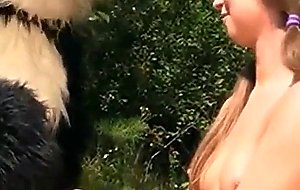 Brunette teen is rescued by panda then fucks him