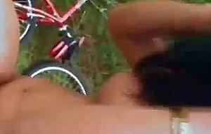 Oral and anal sex from a busty tranny outdoor
