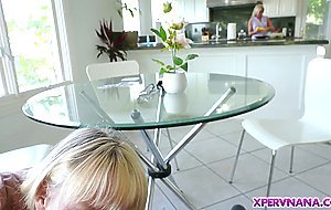 Jamie Foster under the table sucking her friends stepgrandsons dick