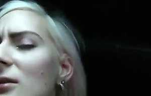 Blonde student deep throats huge dick on backseat in public