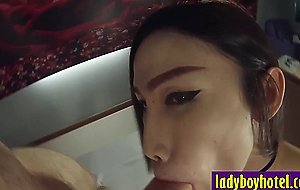 Handcuffed Asian ladyboy Donut sucking perverted clients big hard cock