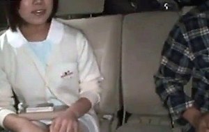 Shy asian teen babe giving handjob and bj in a car