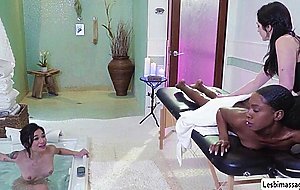 Curvy ebony and her girlfriend lick the pussy of their masseuse
