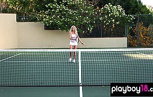 Bombastic blonde Ashley Mattingly shows her huge boobs on the tennis field