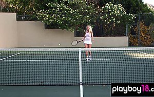 Bombastic blonde Ashley Mattingly shows her huge boobs on the tennis field