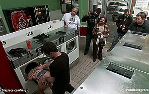 Bound slut ass fucked in laundromat