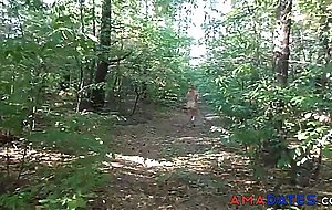 chubby girl with big booty walking nude in forest
