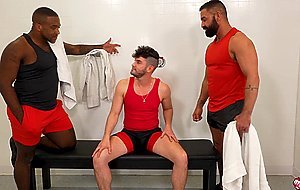 Two muscle studs going to stretch Ace Stallion in the locker room themselves