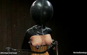 Trapped head in latex ball slut whipped