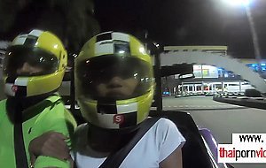 Amateur Thai teen Cherry taking a ride in a kart then on a big white dick