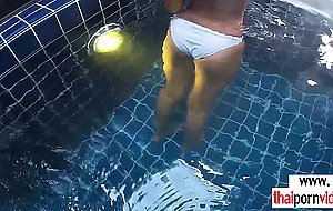 Skinny amateur Thai teen Cherry fucked by a big european cock by the pool